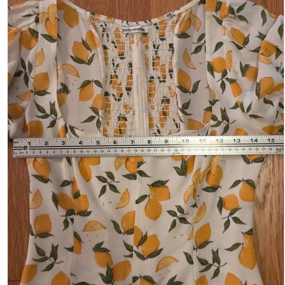 Reformation Delevan Lemonade Print Puff Sleeve Smocked Sweetheart Neck Top Sz 4
